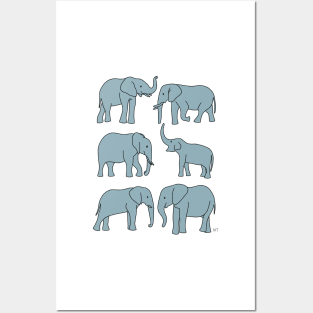 Elephants Line Art - Gray Blue Posters and Art